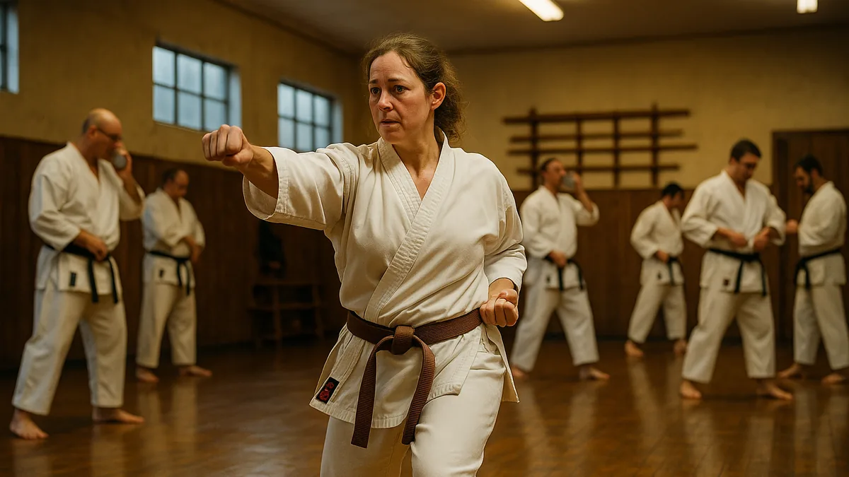 Karate practitioners training in a regular evening class at a traditional dojo