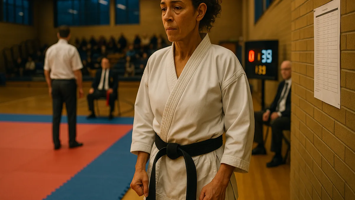 A nervous competitor stands at the edge of a karate competition ring, with a referee and judges visible in the background.