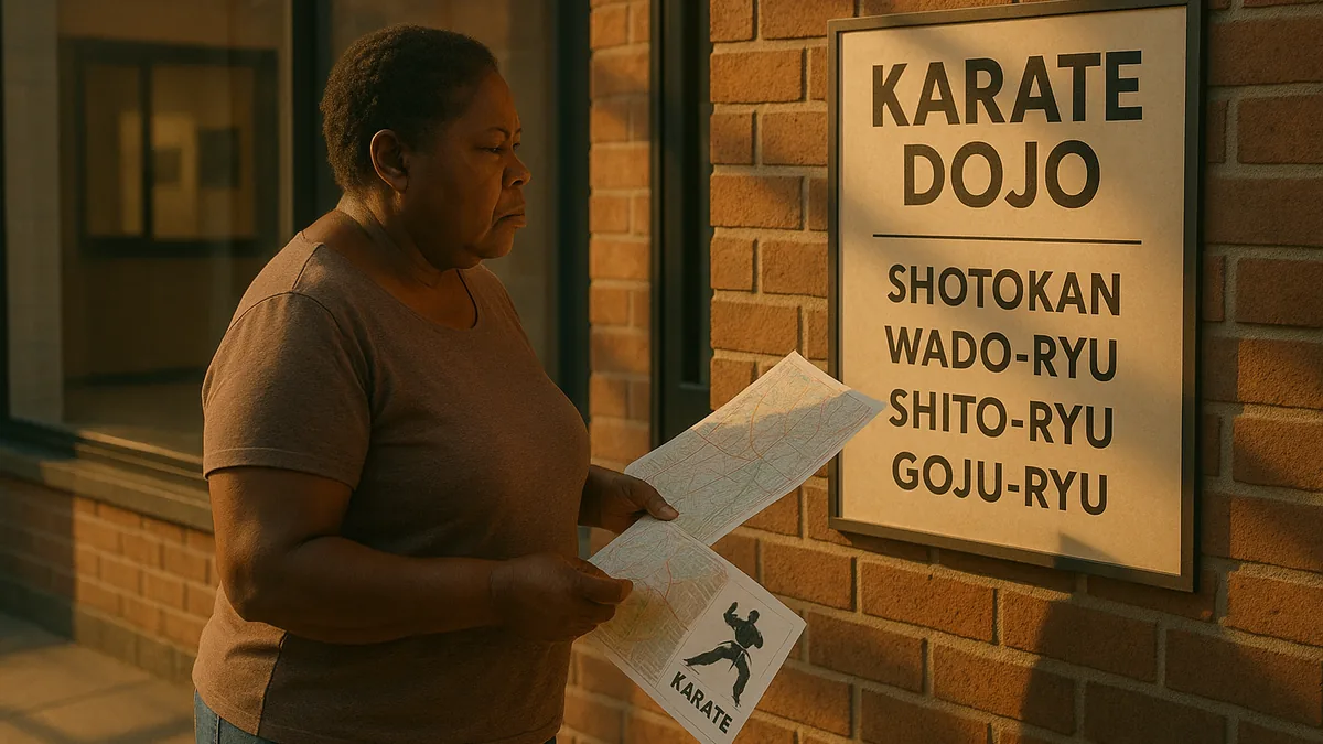 A person in casual clothes stands outside a karate dojo, holding a map and looking at a signboard listing different karate styles.