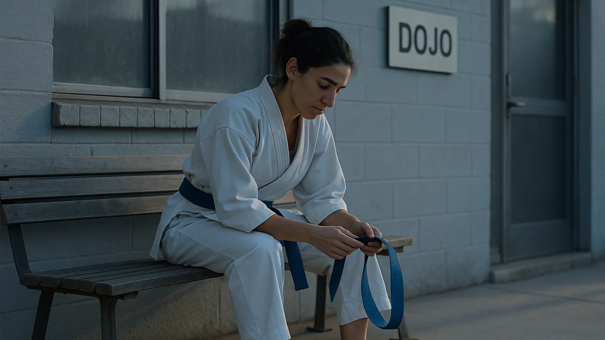 A student sits on a bench outside the dojo, looking contemplative with a karate belt loosely held in their hands.