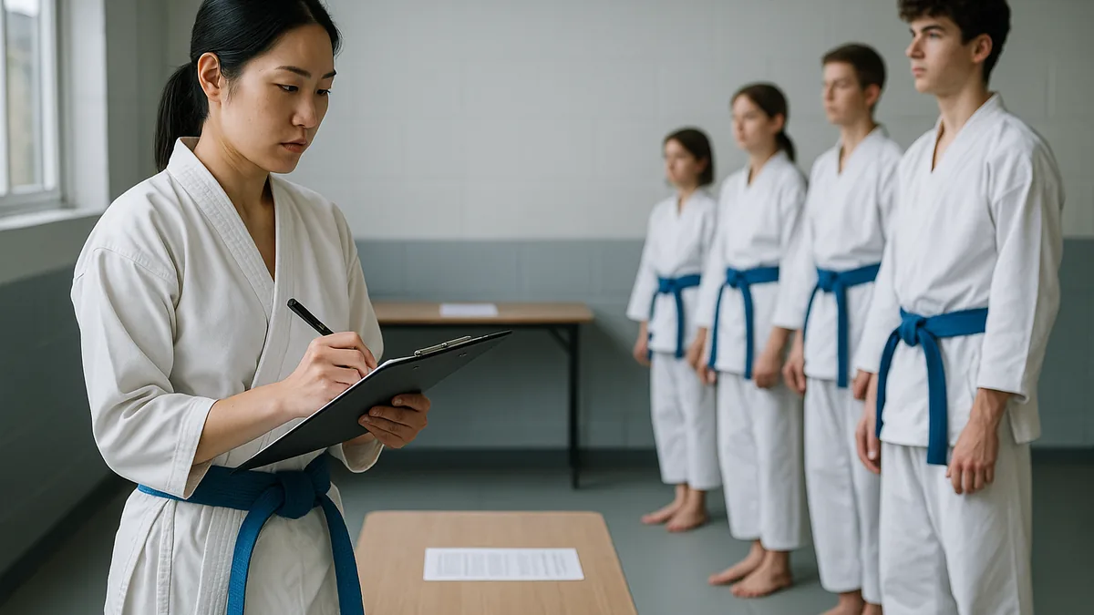 A junior instructor stands at the front of a dojo, clipboard in hand, observing students lined up for a mock grading.