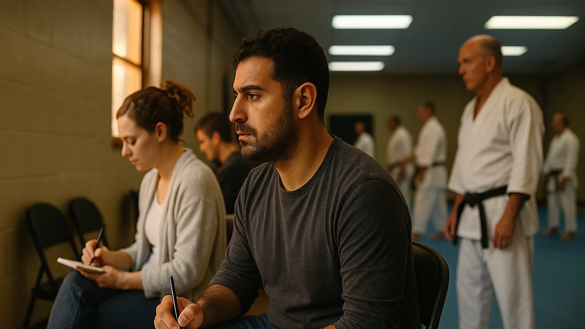 A parent and a partner sit attentively on chairs at the edge of a dojo mat, taking notes while watching a karate class.