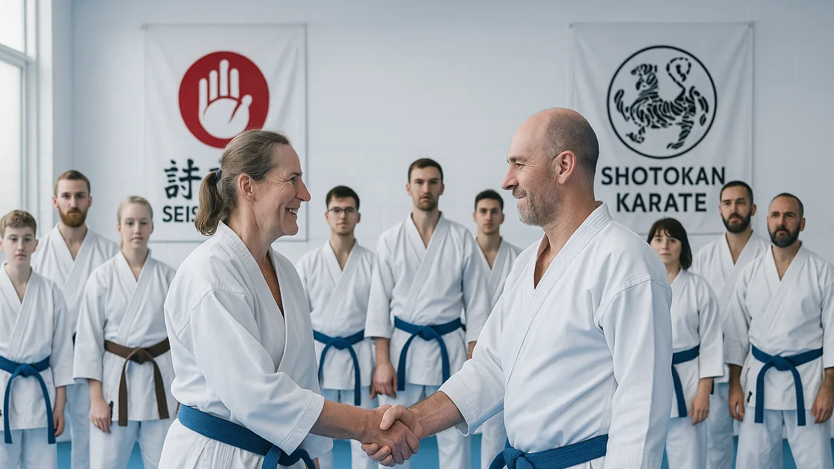 Two instructors from different clubs shake hands in front of a group of mixed-rank students from both dojos, all wearing gis, with dojo banners from both clubs visible in the background.