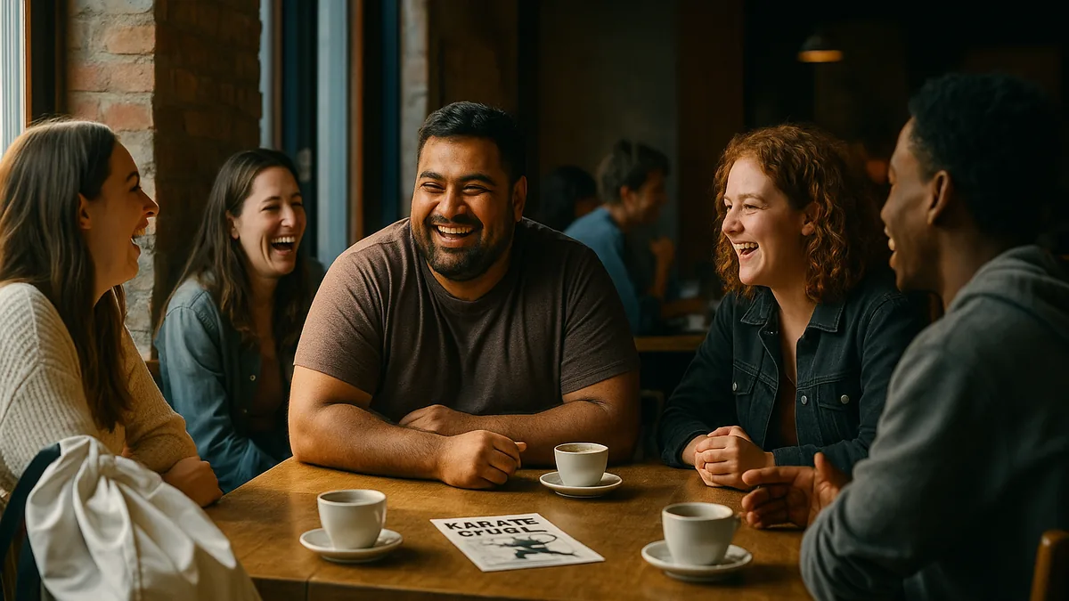 A group of karate students in casual clothes laughing and chatting around a table at a cozy café, with a gi bag casually placed on a chair.