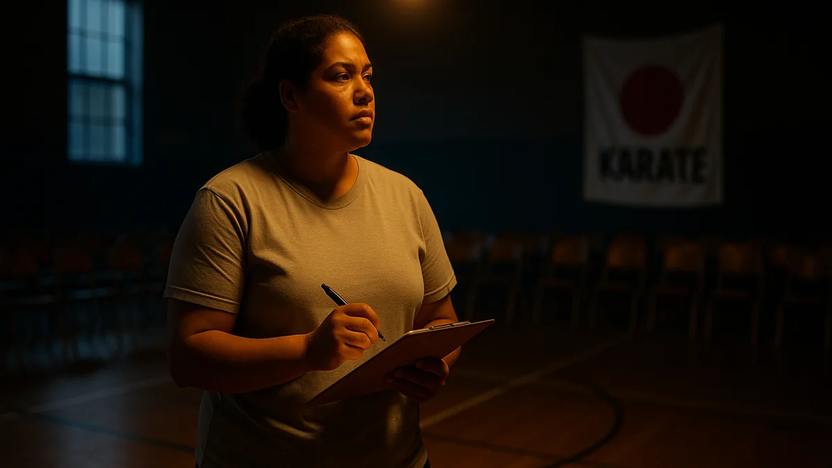 An instructor stands in an empty sports hall, clipboard in hand, assessing the space with a thoughtful expression.
