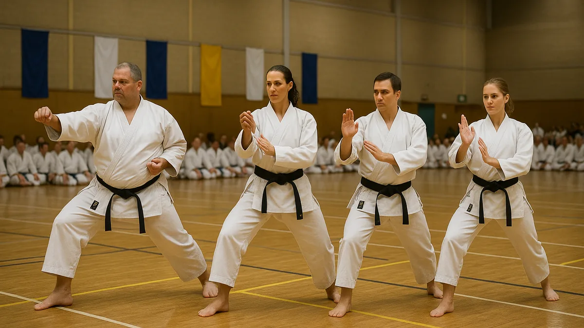 Four black belt karateka demonstrate the signature stances of Shotokan, Goju-Ryu, Wado-Ryu and Shito-Ryu side by side at a multi-style seminar