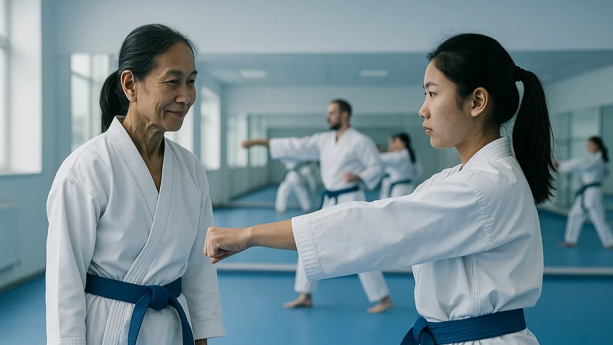 A senior karateka attentively observes a junior student practicing, with a subtle nod of encouragement, while the instructor leads the class in the background.