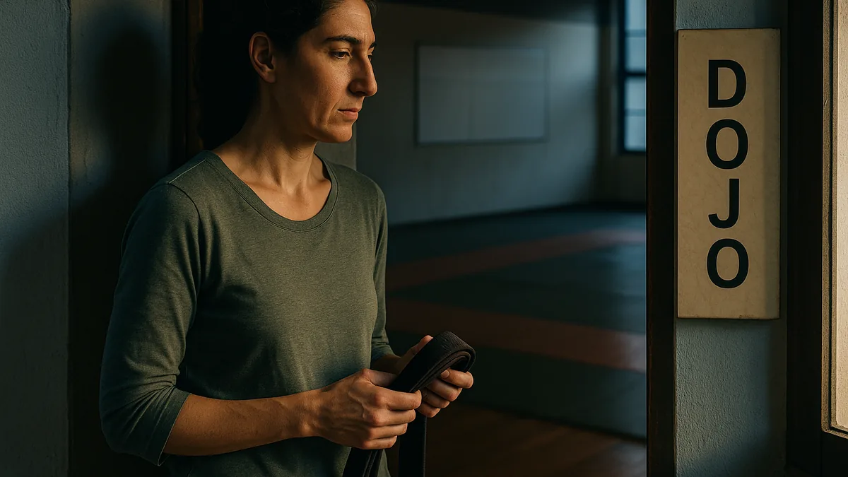 A middle-aged man stands at the entrance of a dojo, looking contemplative as he holds a karate belt in his hands.