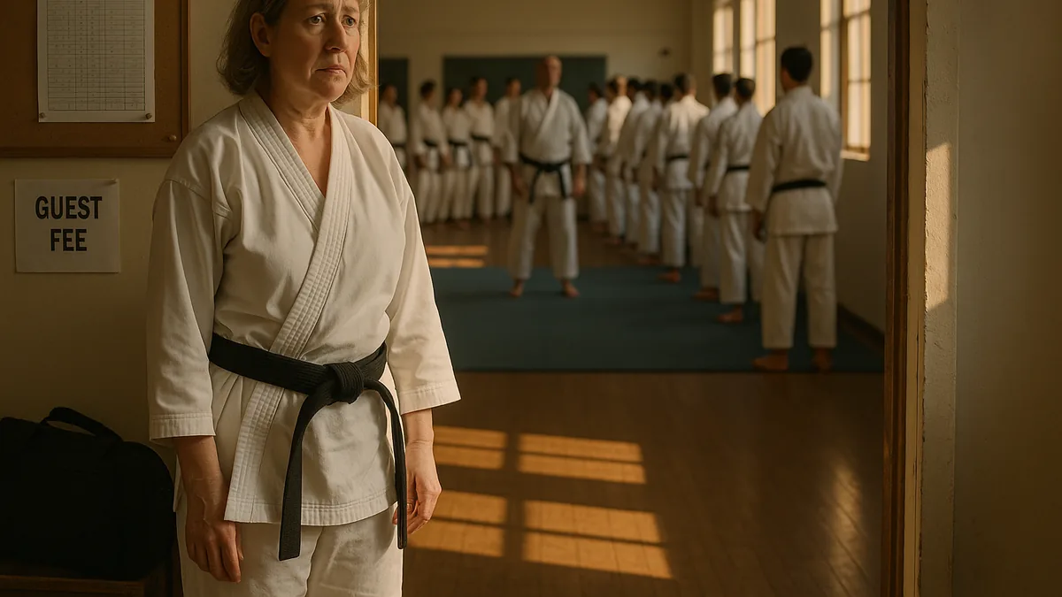 A karateka in a gi stands awkwardly at the entrance of a dojo, observing a class in progress with a slightly nervous expression.