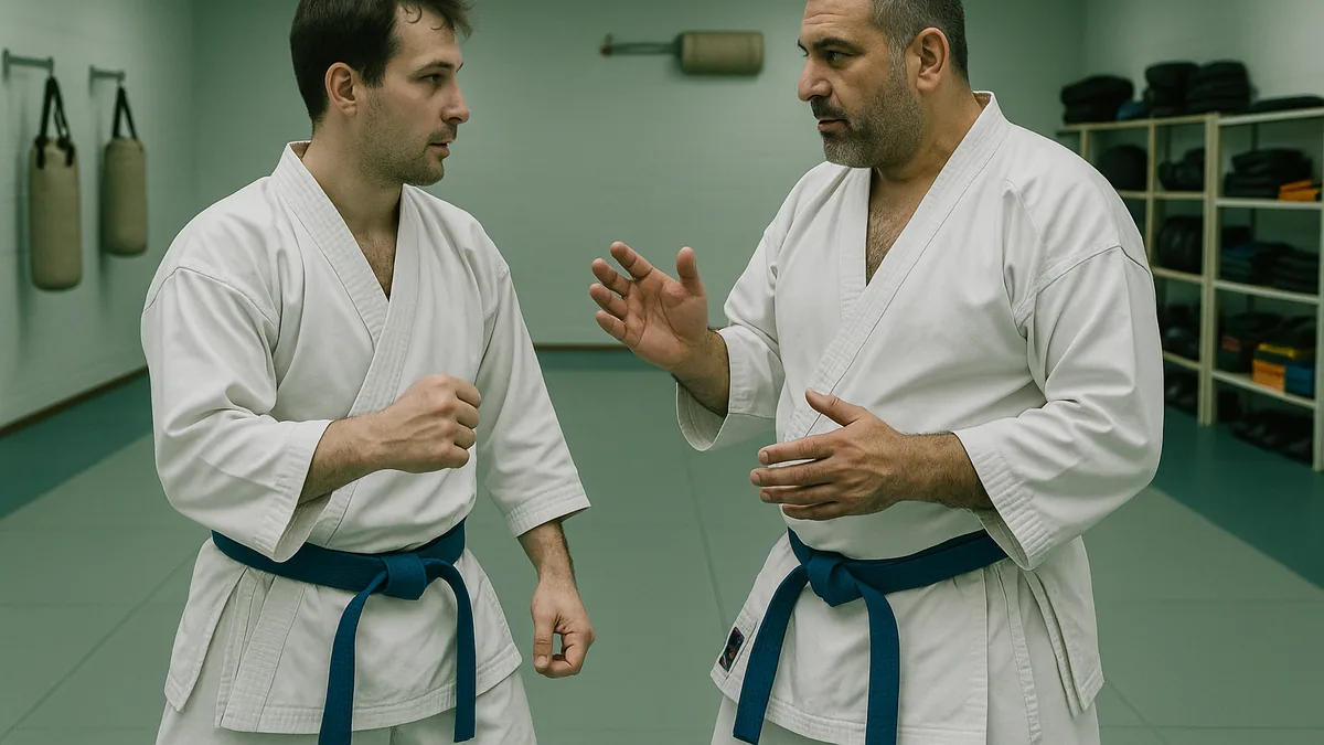Two karate practitioners in a dojo, one giving feedback to the other during a partner drill.