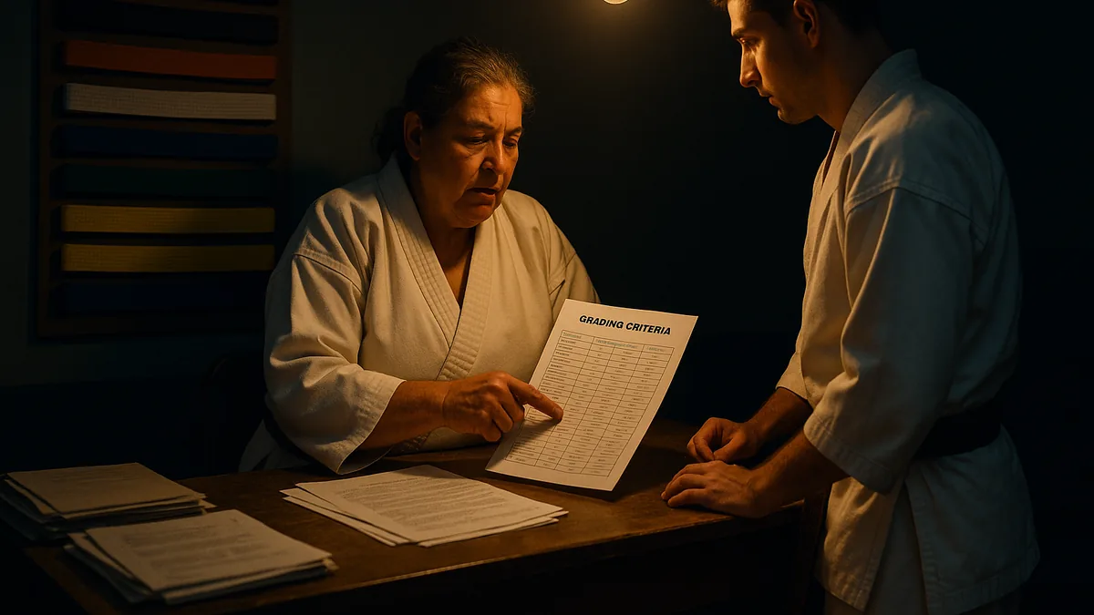 An instructor is showing a student a detailed grading criteria sheet in a dojo office, with belts displayed on the wall.