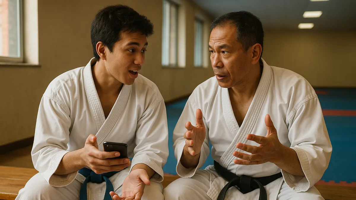 A young karate student shows his phone to a seasoned black belt on the dojo bench after class, engaged in a lively debate.