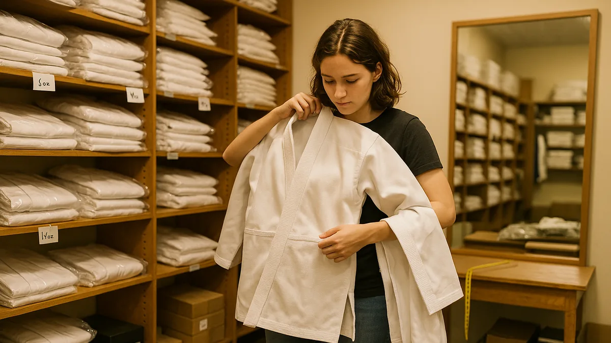 A young woman holding up a white karate gi jacket against her torso in a martial arts shop, comparing sizes