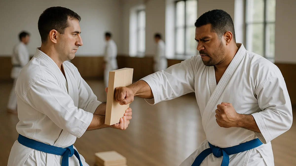 One karateka holds a wooden breaking board firmly at arm's length while a training partner strikes it with a focused punch.