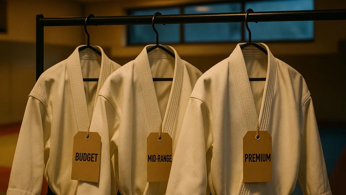 A close-up of three karate gis hanging side by side on a rack, each labeled with a price tag: budget, mid-range, and premium.