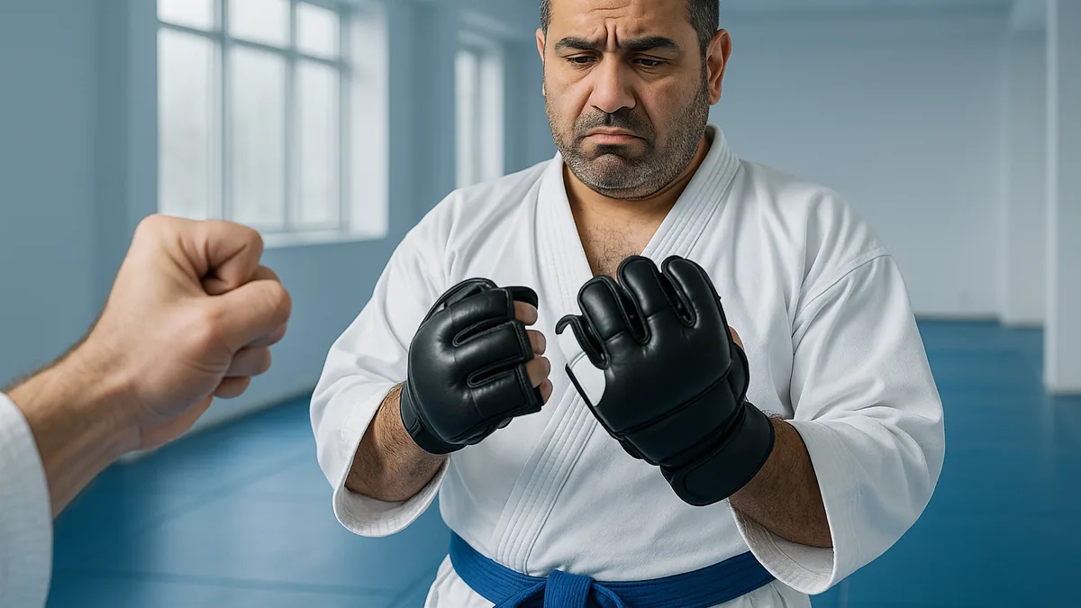 A karate practitioner examines a pair of MMA-style gloves with a skeptical expression, while a bare-knuckle fist is shown in the foreground for contrast.