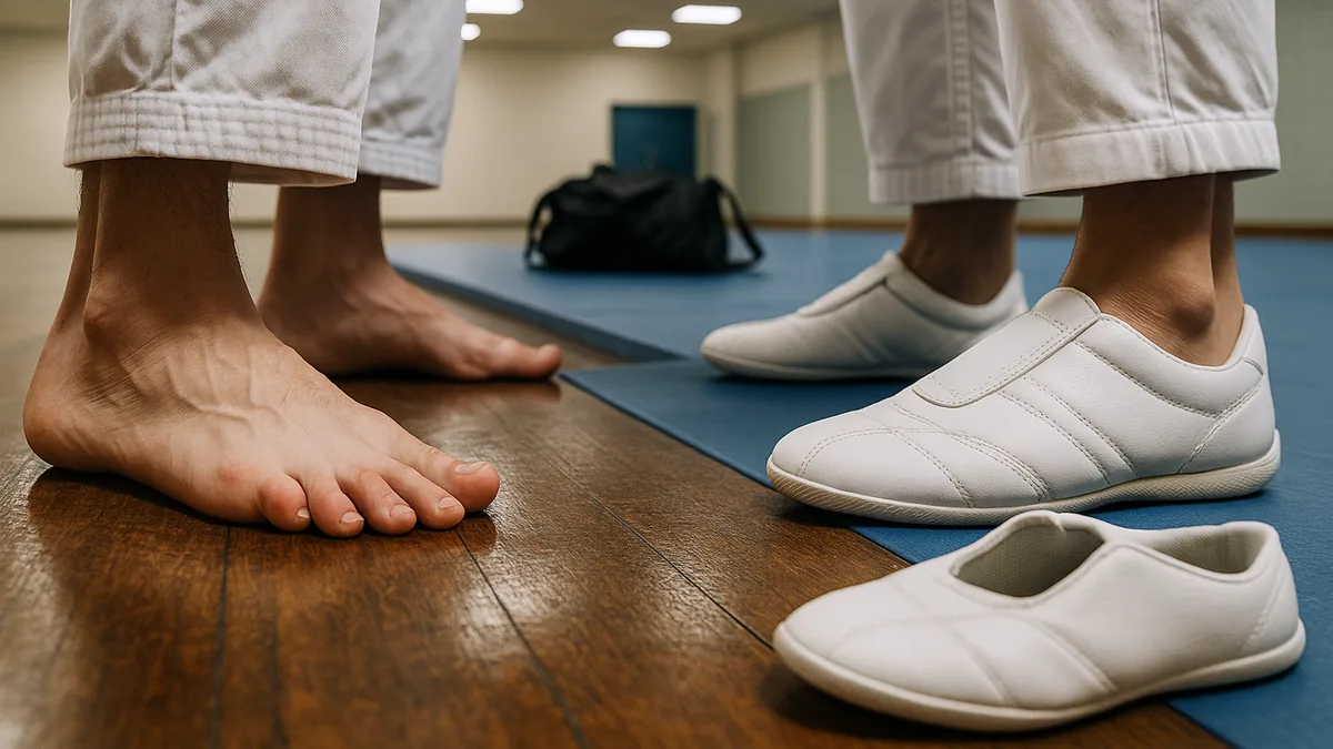 Side-by-side comparison of bare feet and karate shoes gripping the dojo floor at the wood-to-tatami edge