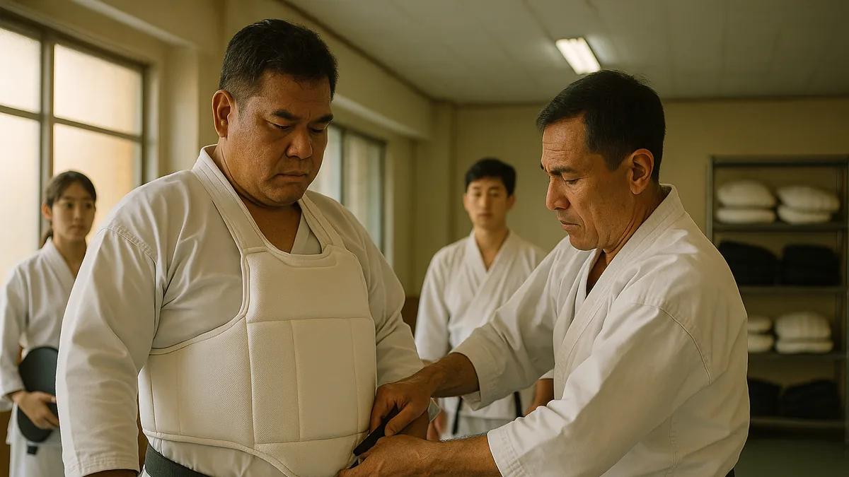 A beginner karate student is being fitted with a body protector by an instructor, with other students watching in the background.