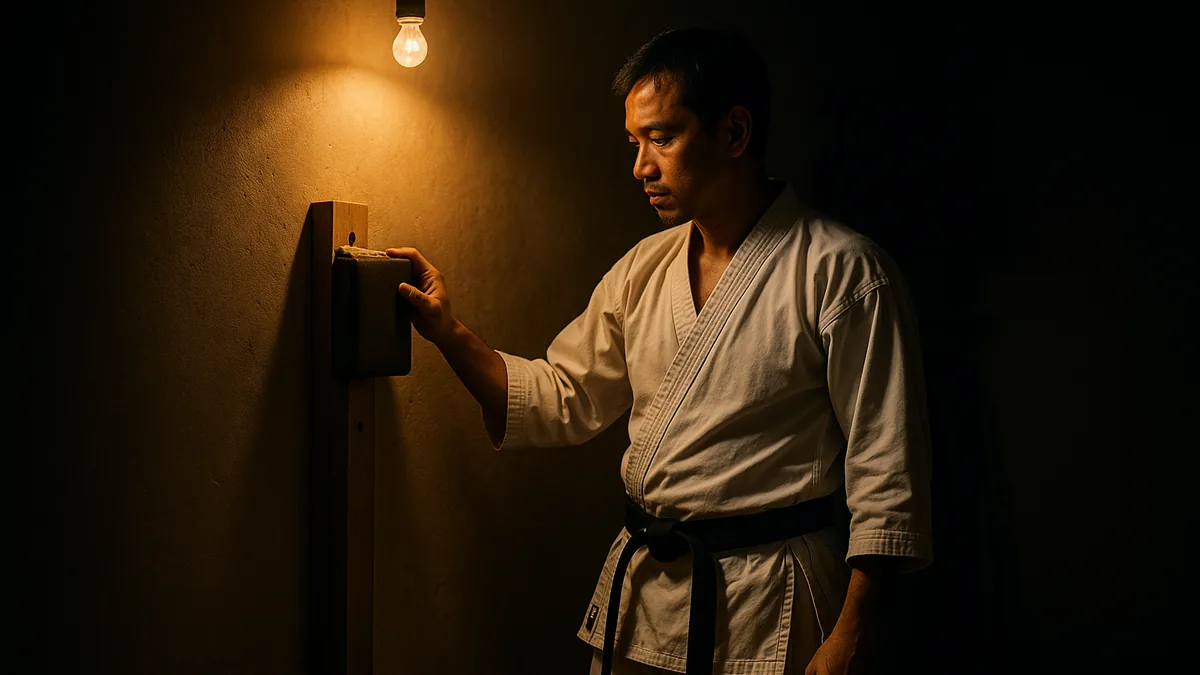 A karate practitioner stands thoughtfully beside a makiwara, hand resting on the board, with a focused expression.