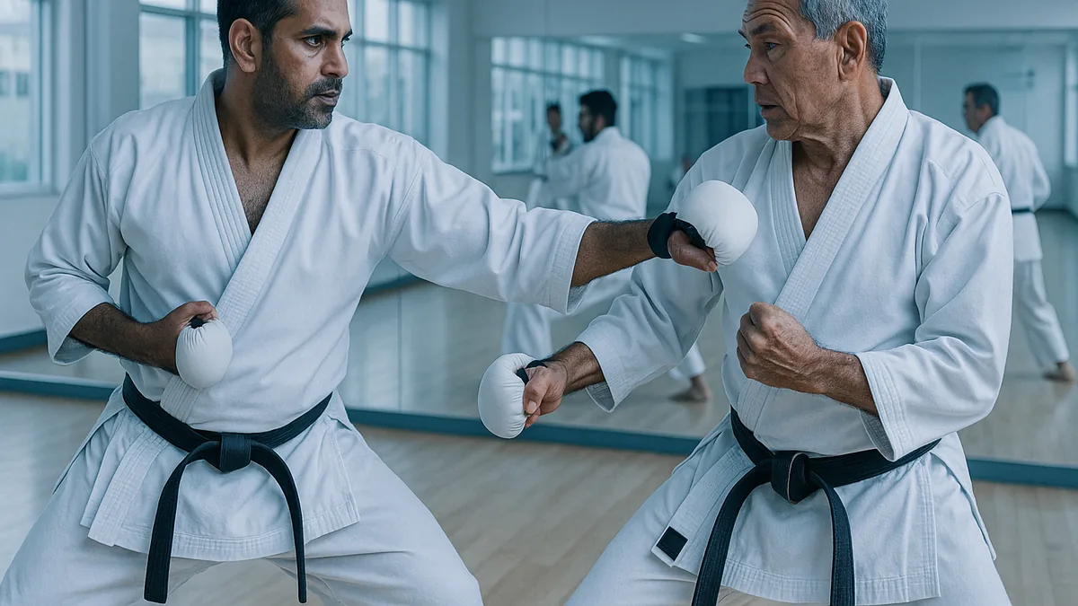 A male senior karate instructor demonstrating technique in a mirrored dojo under cool daylight