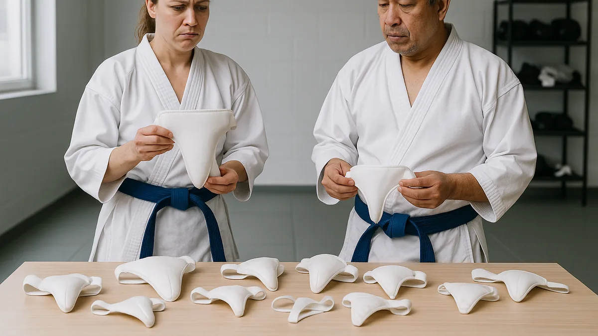 A female karateka looks frustrated while holding a male groin guard, with a male karateka beside her holding a female groin guard, both standing in a dojo with a variety of groin guards laid out on a table.