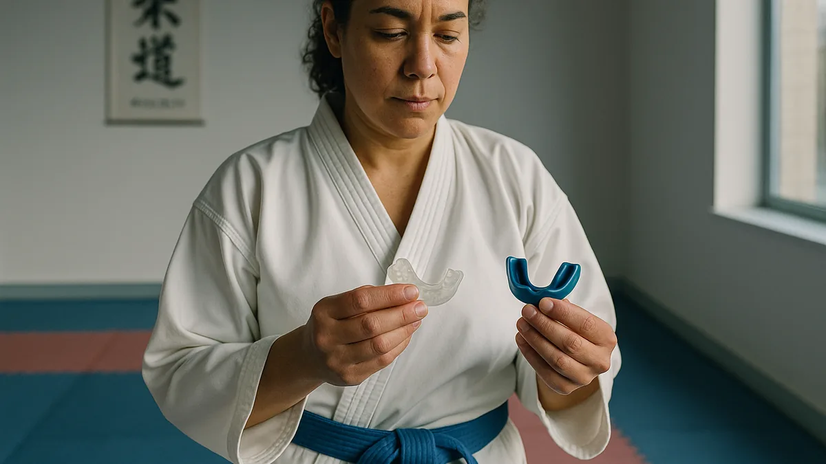 A close-up of a karate student's hands holding two gumshields: one custom-fitted and one boil-and-bite, with a focus on their differences.