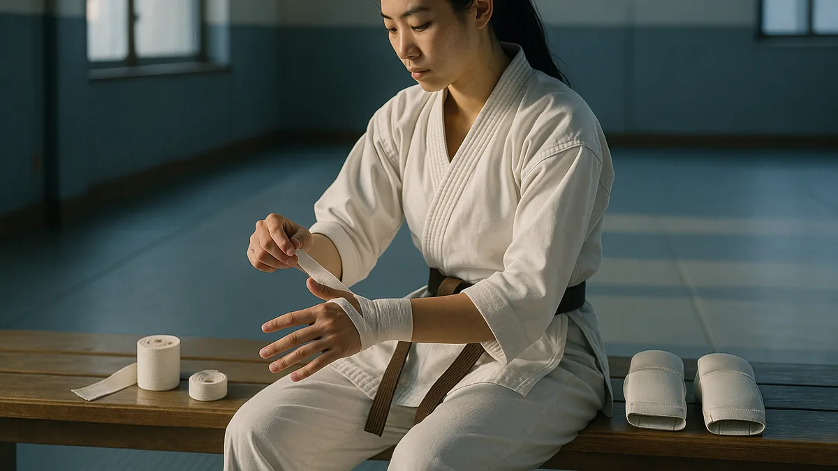 A karateka sits on a bench carefully wrapping their wrist with athletic tape, with hand-protection gear laid out flat and empty beside them.