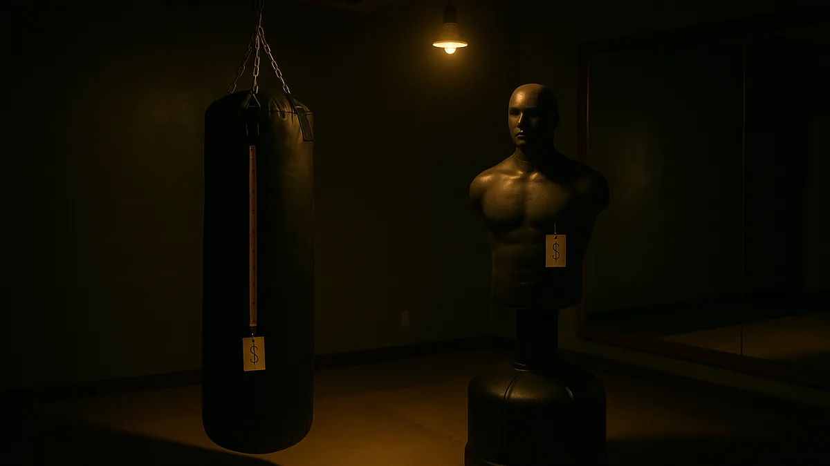 A heavy bag and a free-standing bag side by side in a home dojo, with a measuring tape and price tags visible.