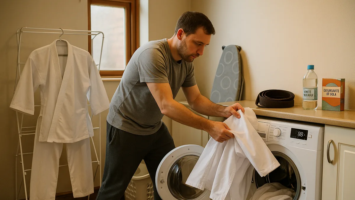 A man carefully placing an inside-out karate gi into a washing machine set to 30 degrees with a gi drying on a rack behind
