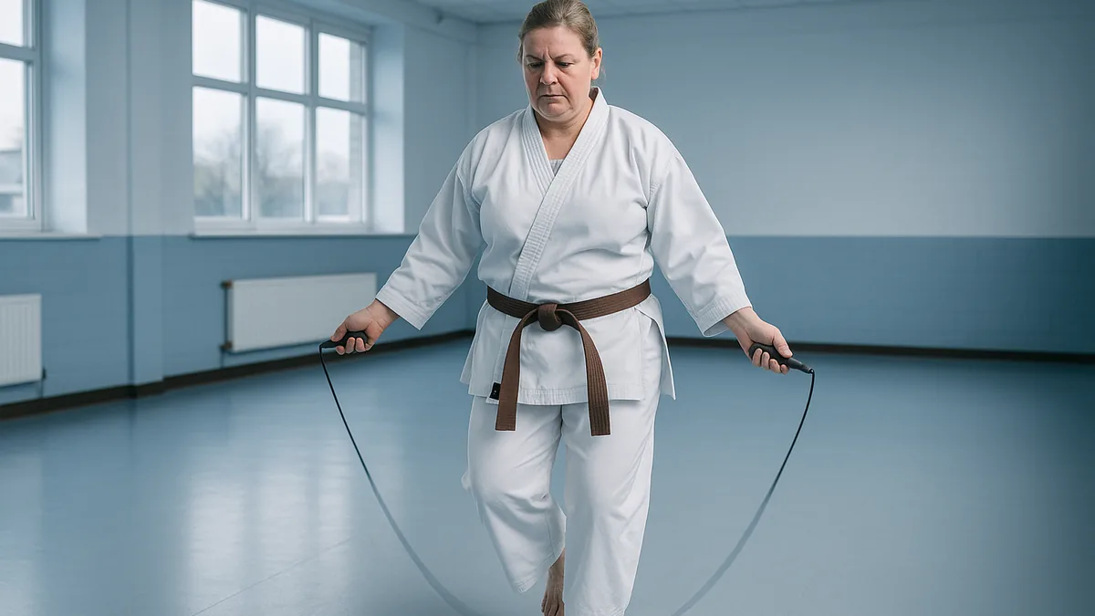 A karate practitioner is using a jump rope with a focused expression, emphasizing deliberate footwork rather than speed.