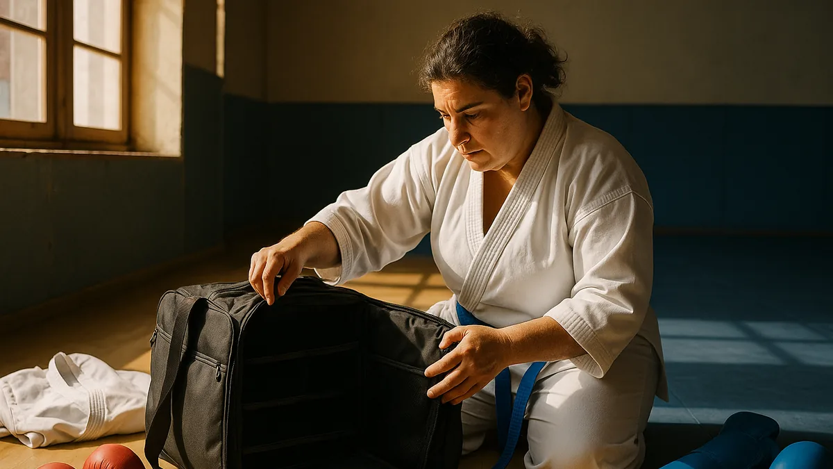 A karate practitioner is examining a large, organized karate bag with multiple compartments, surrounded by various karate gear like gi, gloves, and shin guards.