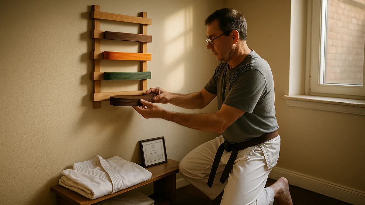 Karate practitioner carefully placing a folded brown belt onto a wooden wall display rack at home