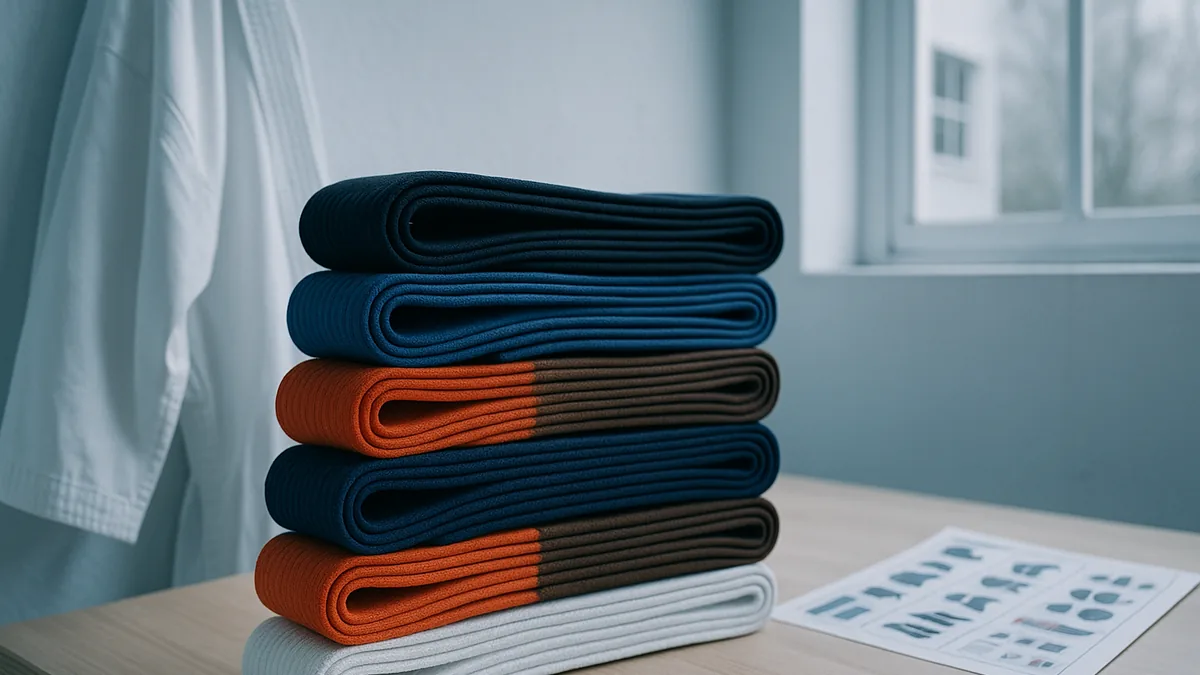 A close-up of various karate belts made from different materials, neatly folded and stacked, highlighting their textures and colors.