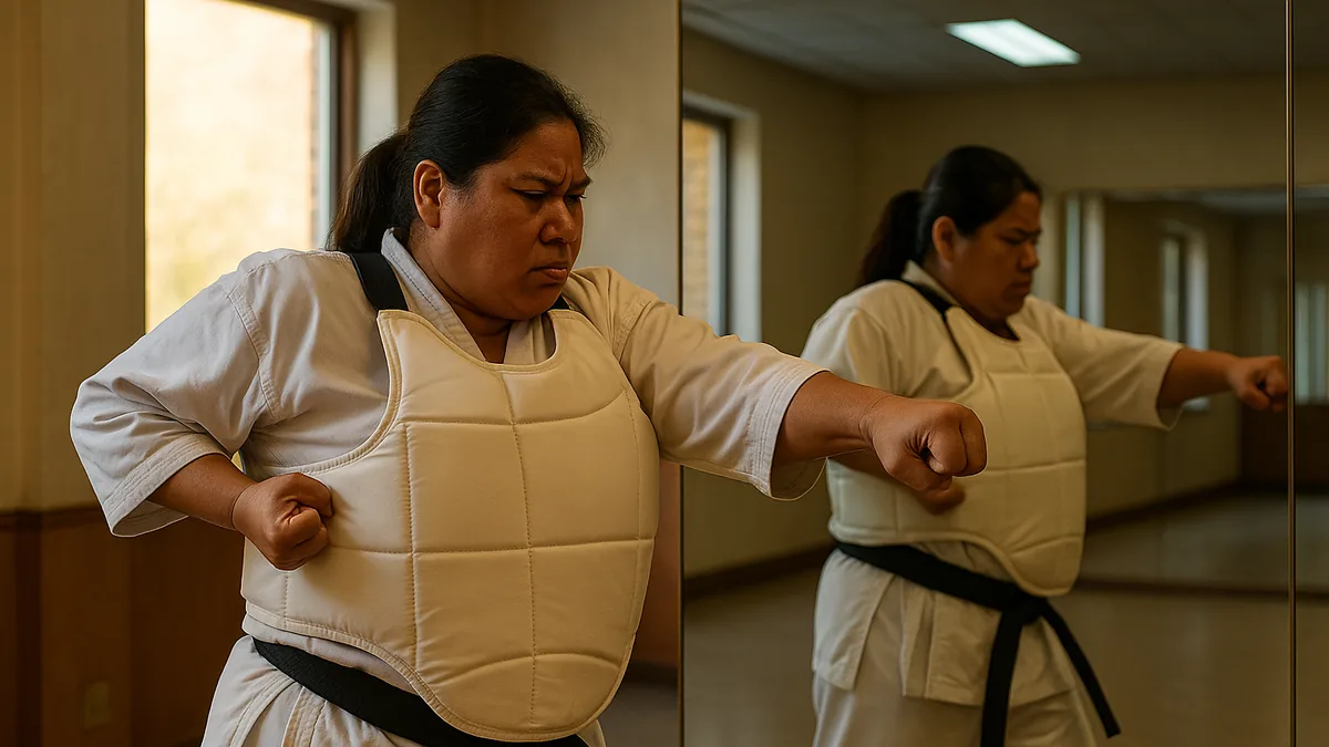 A karate student awkwardly wearing an oversized chest guard, struggling to perform a basic punch in front of a mirror.