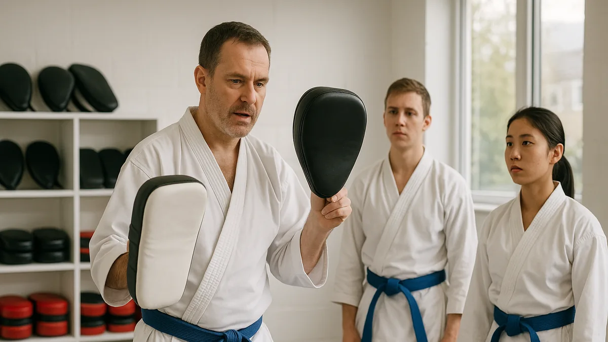 A karate instructor demonstrates the use of focus mitts and Thai pads with students observing, highlighting the differences in technique and purpose.
