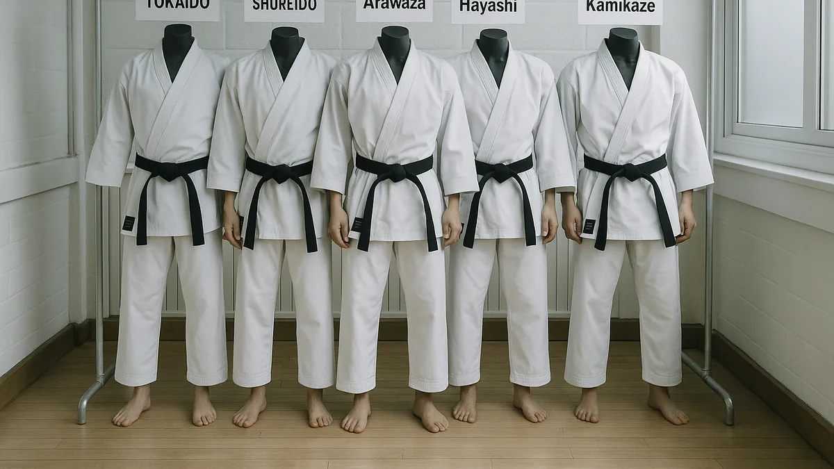 A lineup of five karate gi from different brands neatly displayed on mannequins, each with a label indicating the brand name.