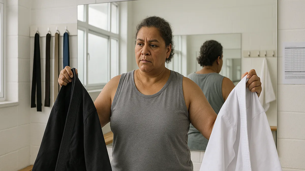 A karate practitioner stands in front of a mirror, holding a black gi in one hand and a white gi in the other, contemplating their choice.