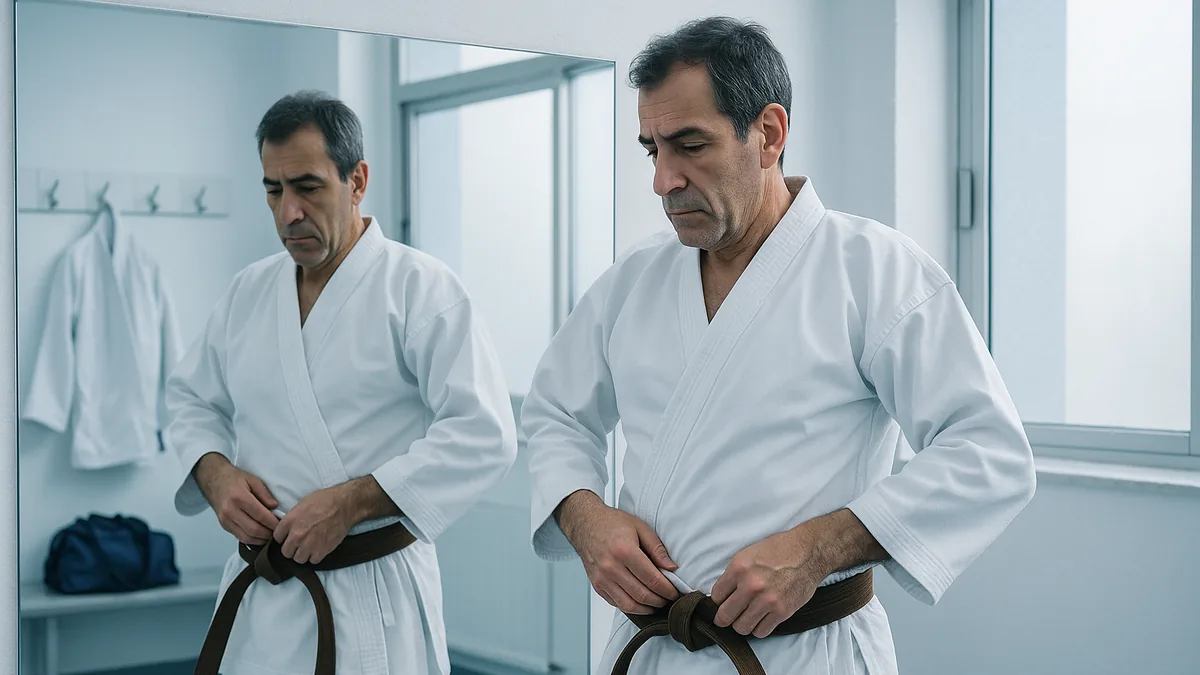 A karate practitioner is adjusting their gi jacket and belt in front of a mirror, ensuring the jacket is crossed correctly and the belt is tied securely.