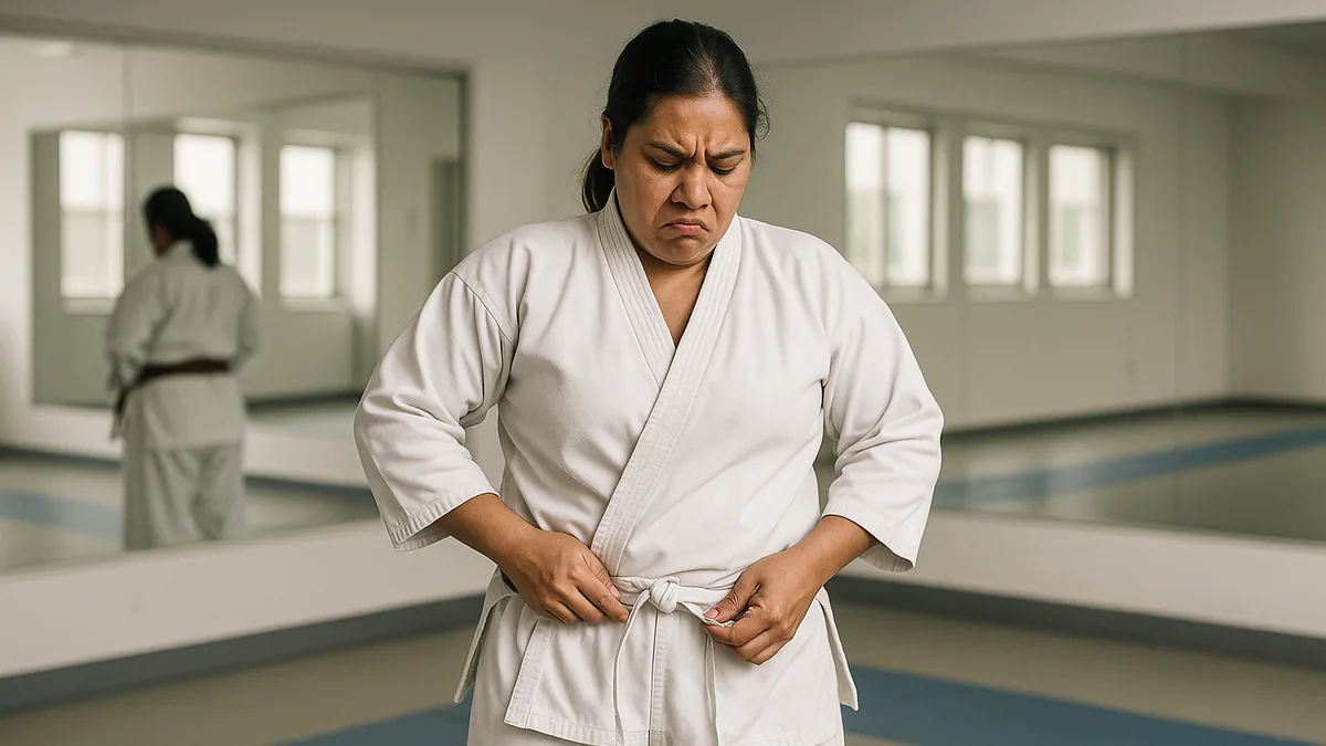A karate student stands with a frustrated expression, holding up their gi pants with one hand while trying to tie the drawstring with the other.