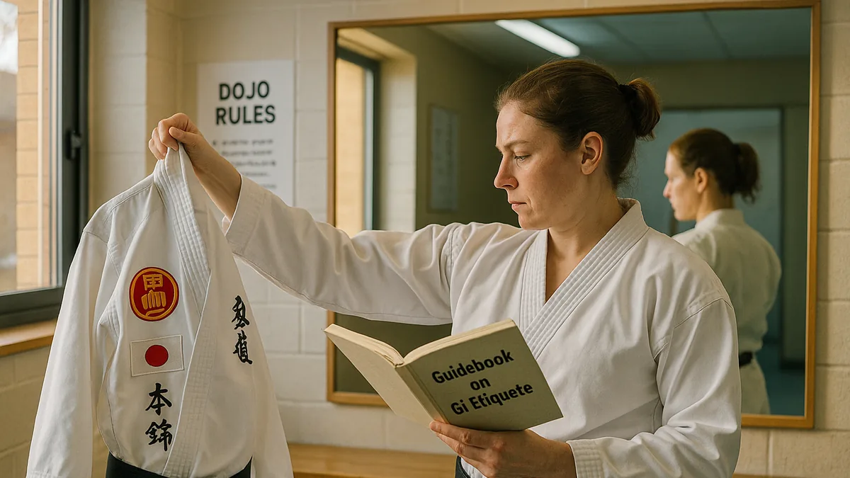 A karate practitioner stands in front of a mirror, examining a gi with various patches and embroidery, while holding a guidebook on gi etiquette.