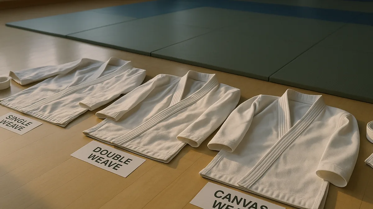 Three karate gi tops are laid out side by side, each clearly labeled as single weave, double weave, and canvas weave.