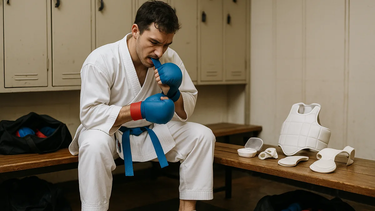 A karate practitioner sitting on a bench putting on WKF sparring gloves with shin guards and gear laid out beside him