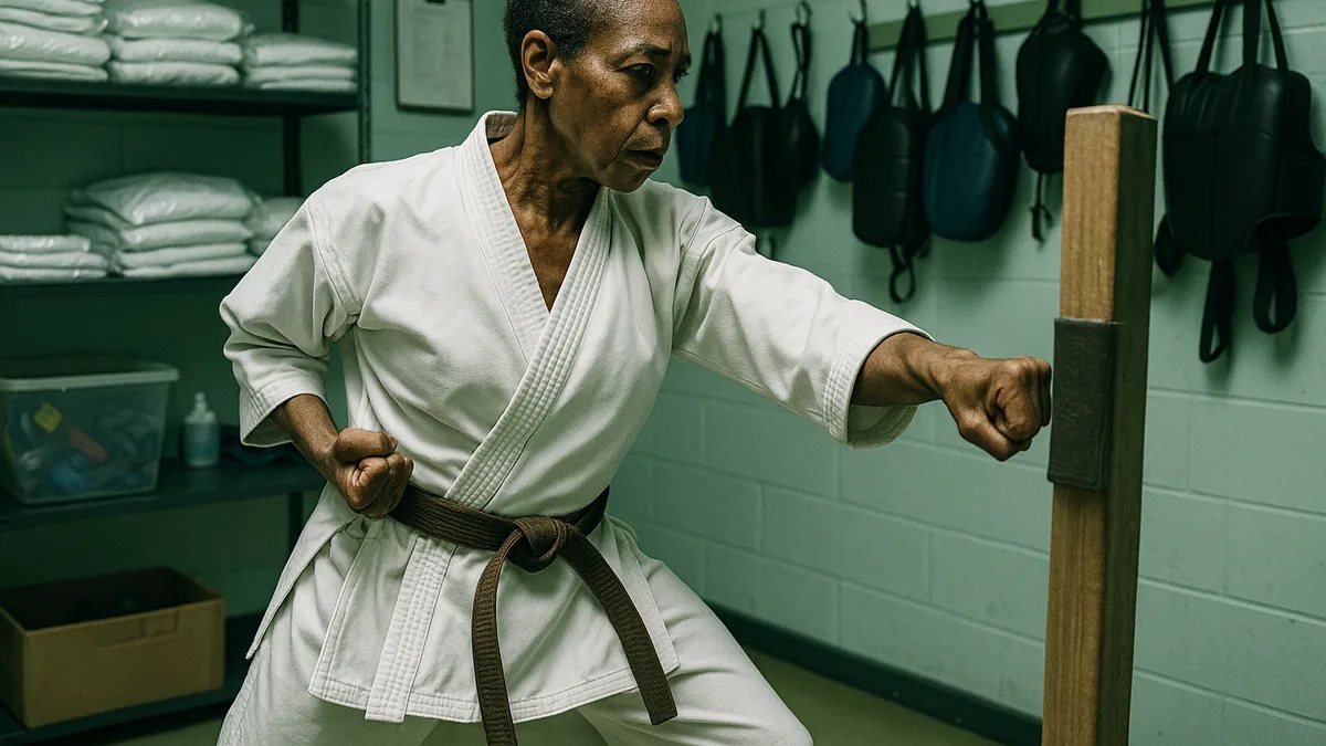A female brown belt karateka striking a makiwara post in an equipment room with training gear visible on the walls