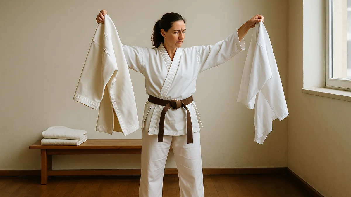 Karate practitioner comparing lightweight and heavyweight gi side by side
