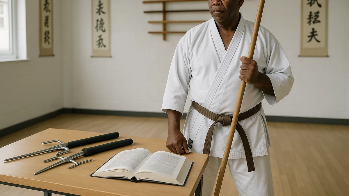 A karateka stands in a dojo holding a bo staff confidently, while a pair of sai and foam nunchaku lie on a table nearby with a visible UK law book open beside them.
