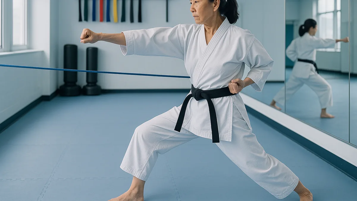 A karate practitioner in a dojo is using a resistance band anchored behind them to practice a hip-driven reverse punch, with a focus on correct form.