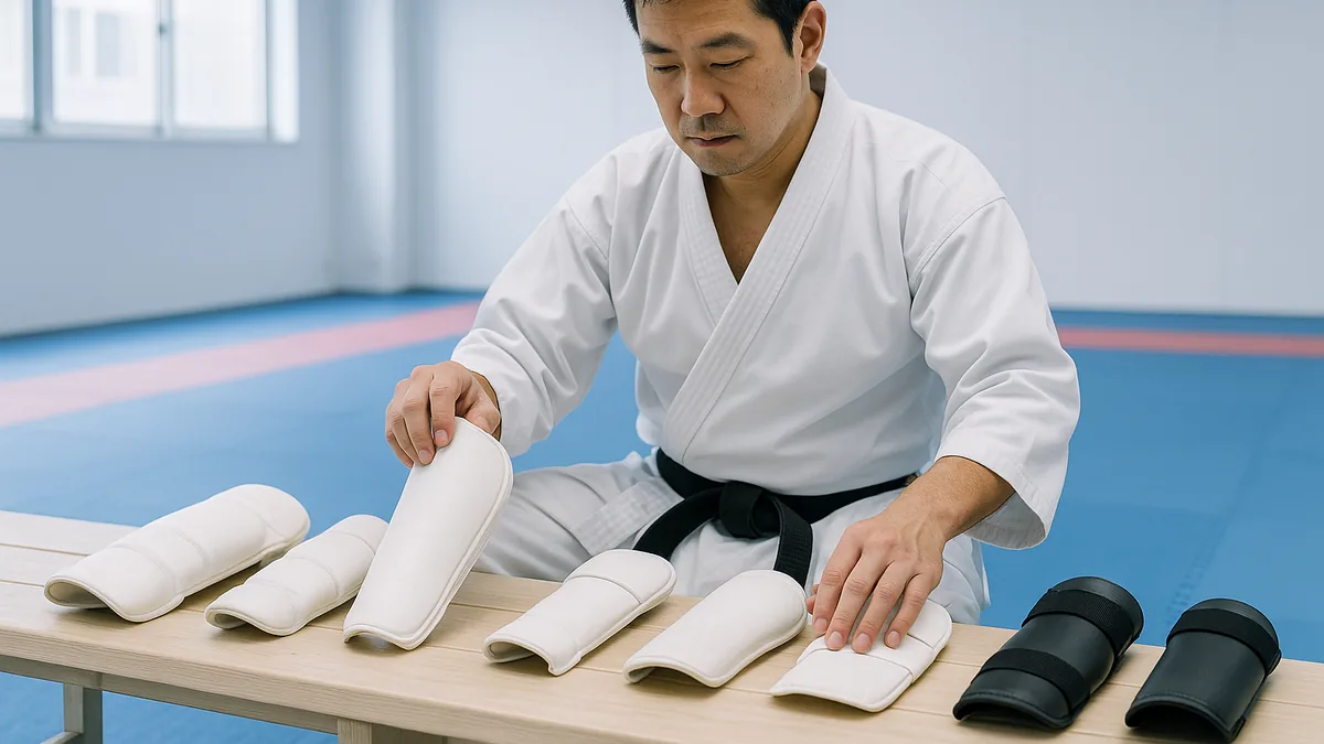 A karate practitioner is examining different types of shin guards laid out on a bench, with a focus on the varying thickness and styles.