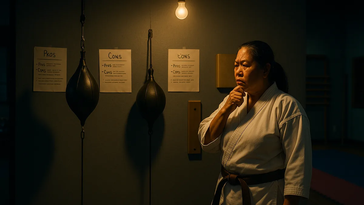 A karate practitioner stands in a dojo, examining a speed bag, double-end bag, and wall target, each labeled with pros and cons.