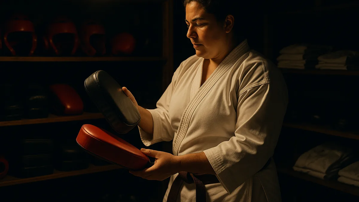 A karate practitioner examines a selection of target pads, comparing different types and materials, with a focus on the stitching and foam density.