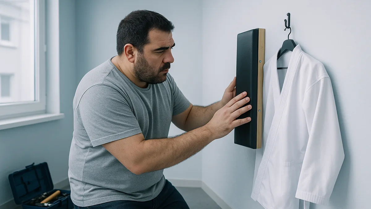 A person in casual clothes examines a makiwara board mounted on a wall in a home gym, with various tools and a karate gi hanging nearby.